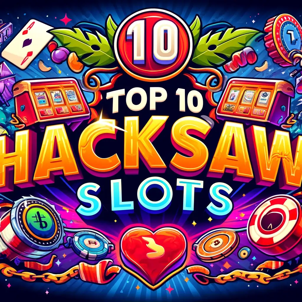 Top 10 Hacksaw Slots graphic with slot game icons and casino-themed background